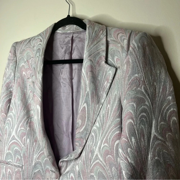 VINTAGE 80s Shoulder Padded Cropped Oil Spill Metallic Pink Blazer - Picture 2 of 7